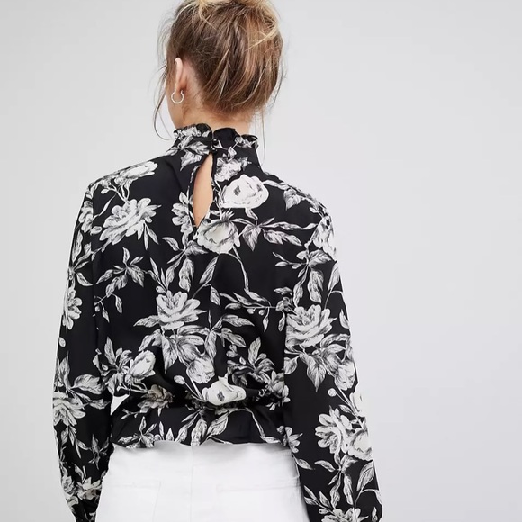 Parisian high neck black and white floral long-sleeve blouse - Picture 2 of 4